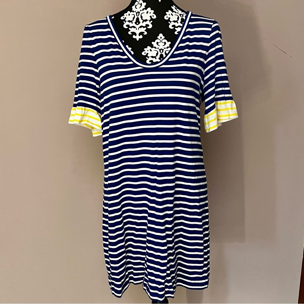 BODEN Imogene Striped Cotton- Blend Jersey Dress with Ruffle Sleeves - Picture 3 of 9